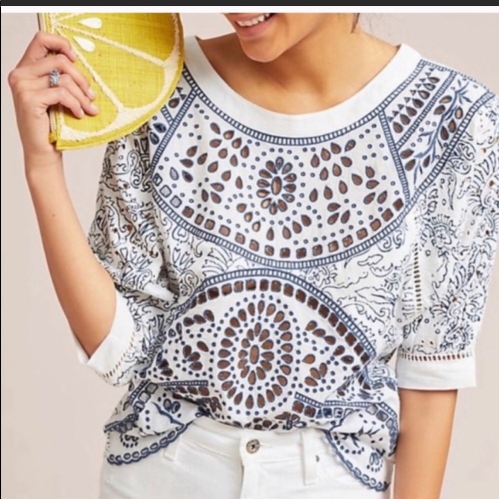 anthropologie maeve blue and white eyelet top/coverup, size s